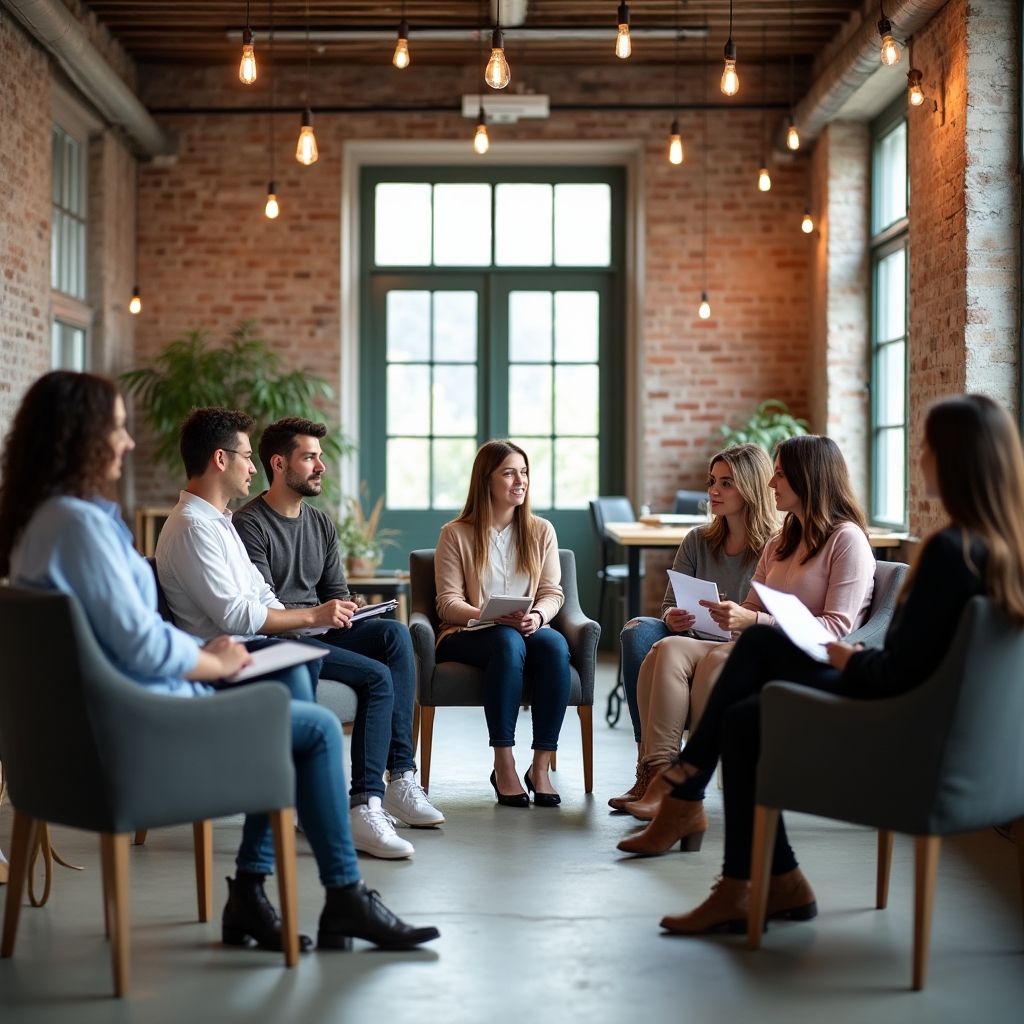 Gruppe von Berufstätigen arbeitet gemeinsam in einem hellen Workshopraum