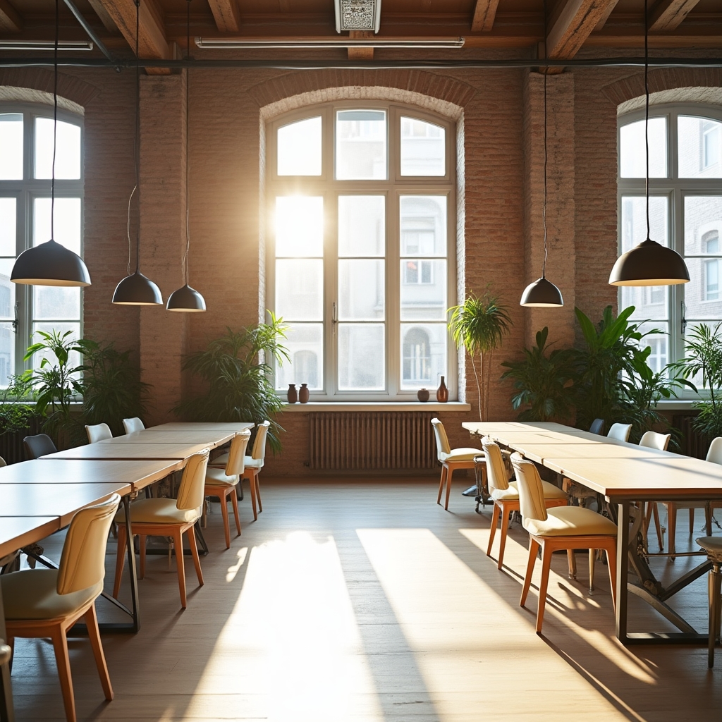 Helles Büro mit Backsteinwand und Arbeitsplätzen in Wien
