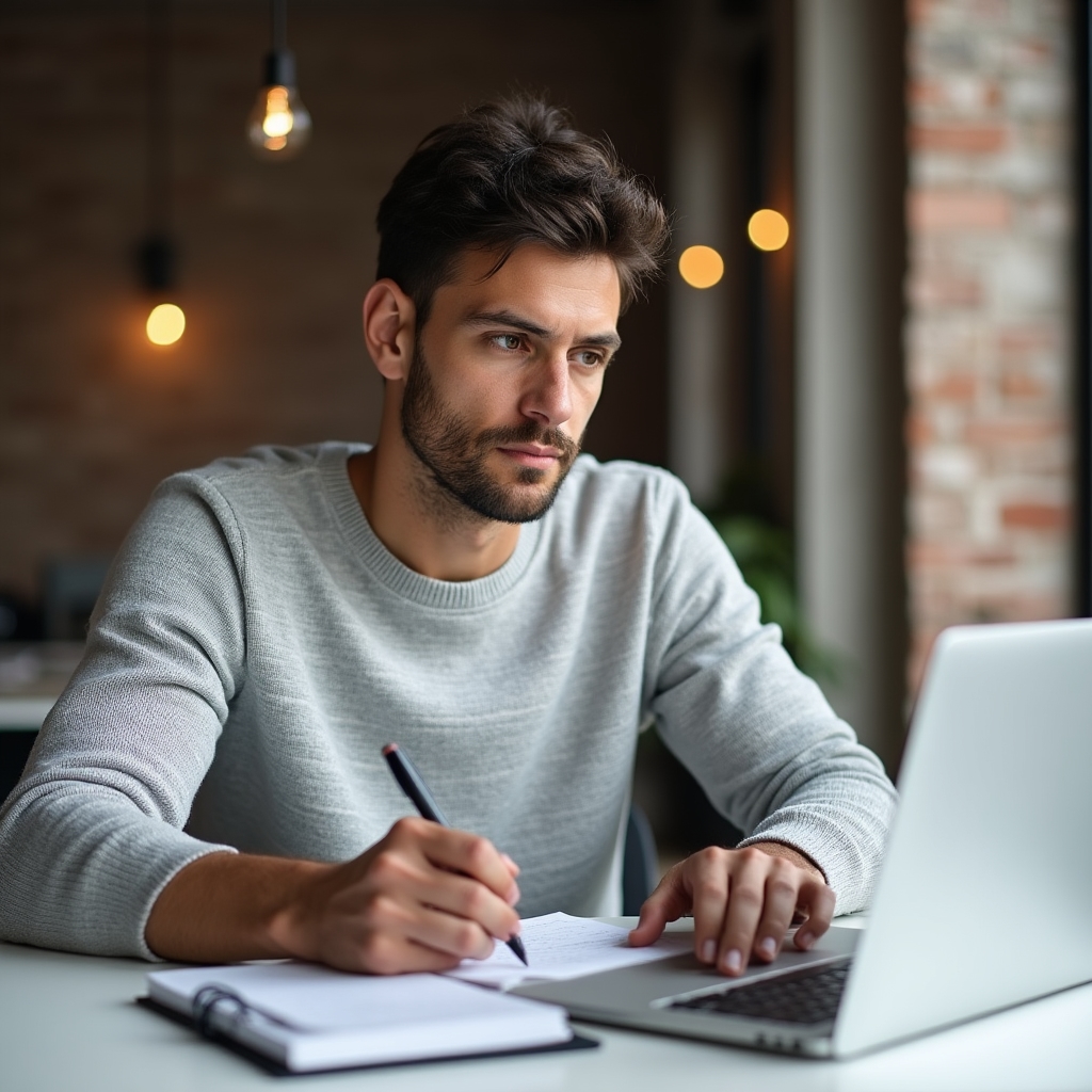 Berufstätiger arbeitet an einer Selbstmarketing-Übung am Schreibtisch