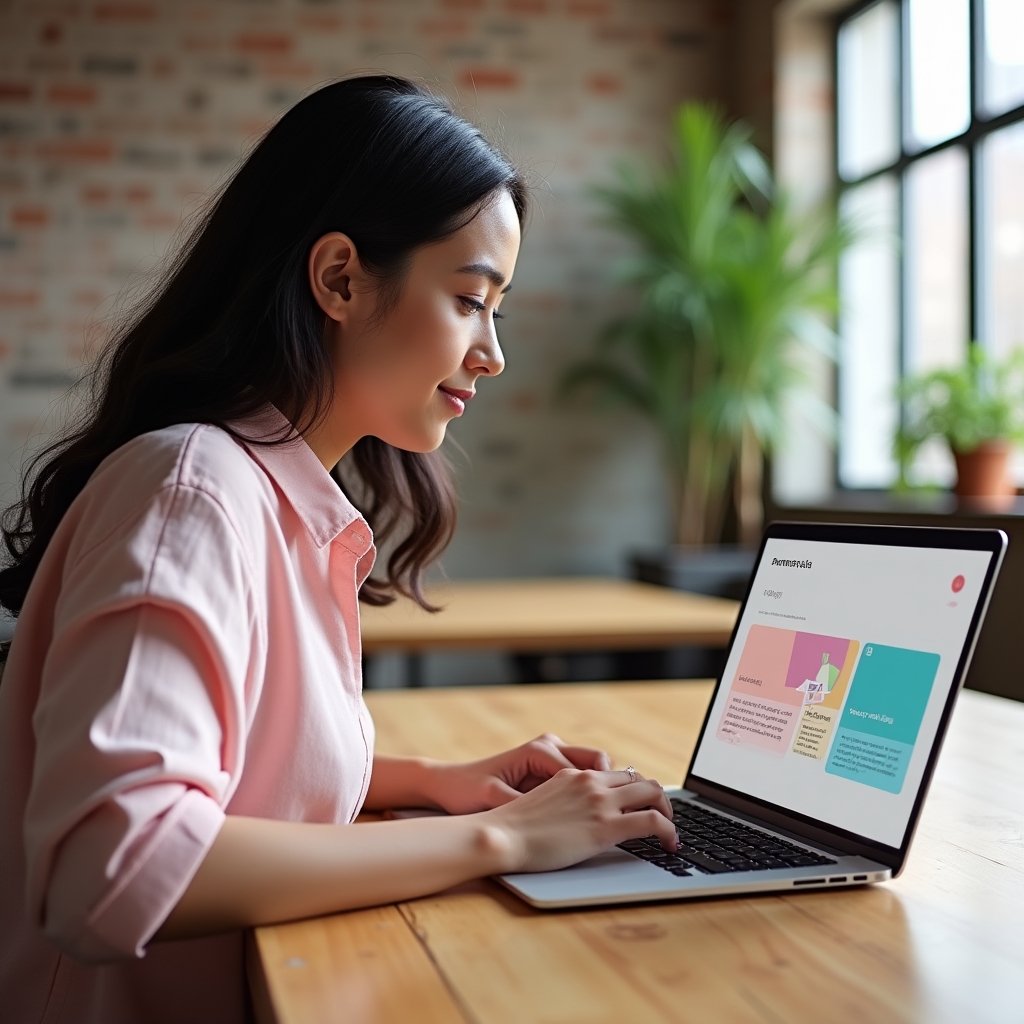 Teilnehmerin baut ihr digitales Berufsprofil am Laptop auf